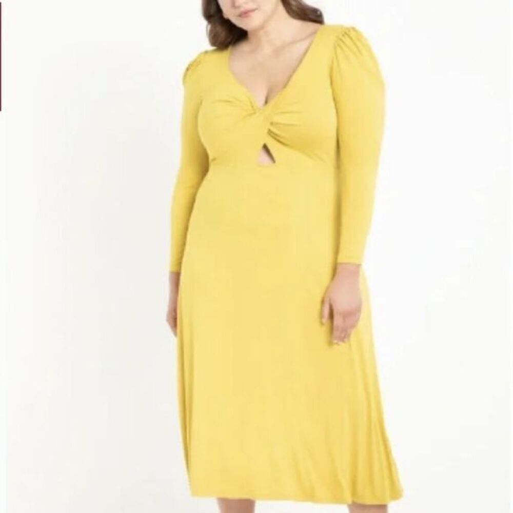 Eloquii mustard yellow twisted front midi dress long sleeve, 22‎